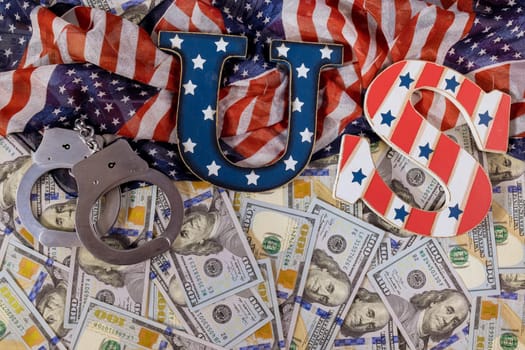 American financial arrest of property economic US sanctions regulation with USA flag US dollars banknotes Judge gavel