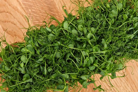 Close up fresh green pea microgreen sprouts on brown wooden cutting board background, elevated top view, directly above