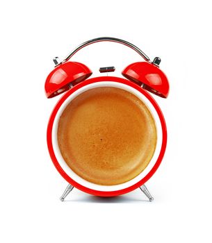 Close up one red retro alarm clock with espresso coffee cup froth crema face, isolated on white background, low angle, front view