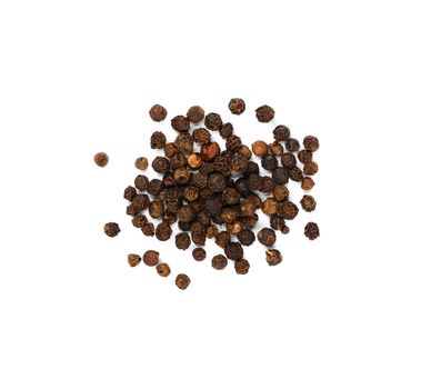 Close up heap of black pepper peppercorns spilled and spread around isolated on white background, elevated top view, directly above