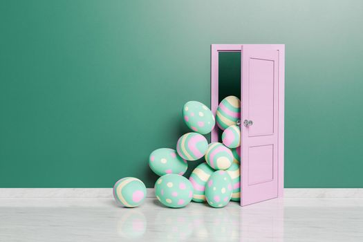 open door with easter eggs coming in. 3d rendering