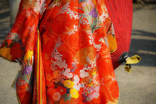 Red tw2 (Japanese folk costumes). Shooting Location: Yokohama-city kanagawa prefecture