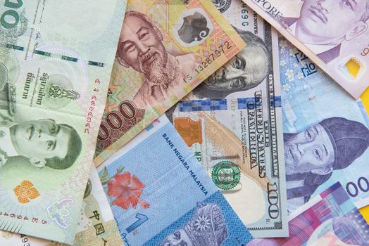 A collection of international currencies. Money background close up. Money Exchange Finance Business concept.