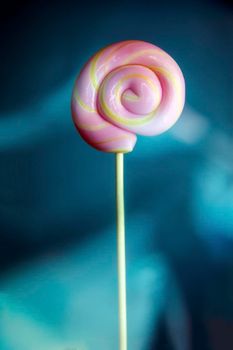 Colorful lollipop swirl on stick. Striped spiral multicolored pink candy on blue background, holding in hand sweet hard candy