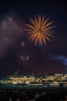Luxury vessel and fireworks display (Yokohama Sparkling Twilight). Shooting Location: Yokohama-city kanagawa prefecture