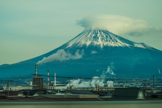 Mt. Fuji and factory chimney. Shooting Location: Odawara City, Kanagawa Prefecture