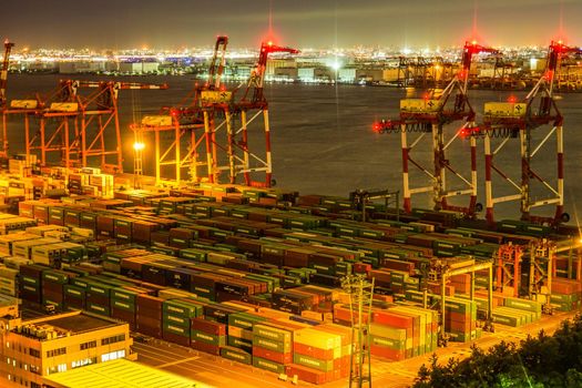 Night view of the container terminal of Tokyo Odaiba. Shooting Location: Tokyo metropolitan area