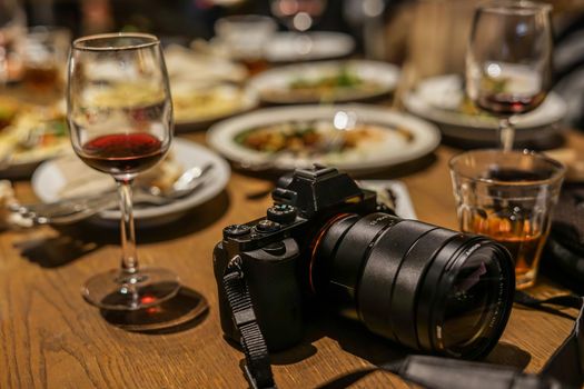 Camera and wine glasses. Shooting Location: Yokohama-city kanagawa prefecture