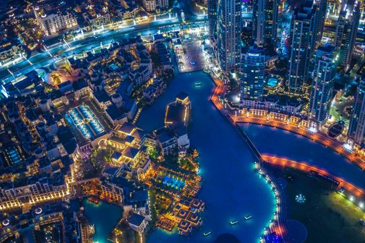 Night view of Dubai seen from the observation deck of Burj Huji. Shooting Location: Dubai