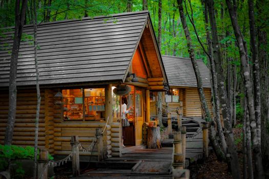 Image of Lodge standing in the forest. Shooting Location: Hokkaido Furano