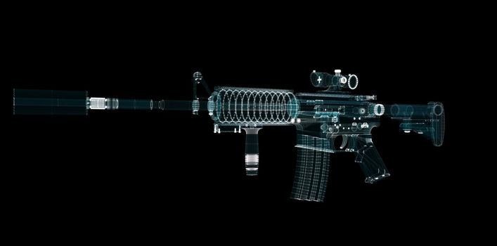 Submachine Gun Hologram. Weapon and Technology Concept. Interface element. 3d illustration