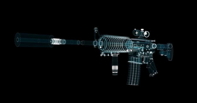 Submachine Gun Hologram. Weapon and Technology Concept. Interface element. 3d illustration