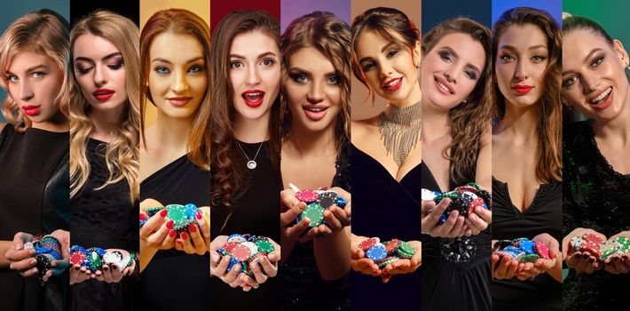 Collage of alluring girls with make-up and hairstyles, in stylish dresses and jewelry. They smiling, showing handfuls of chips, posing against colorful backgrounds. Gambling, poker, casino. Close-up