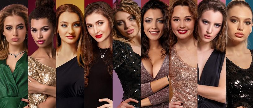 Collage of young girls with bright make-up, in stylish dresses and jewelry. They are expressing different facial emotions, smiling, unsmiling. Posing against colorful backgrounds. Close-up