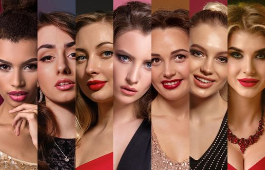 Collage of beautiful females faces with bright make-up and stylish jewelry. They are expressing different facial emotions, smiling, unsmiling. Studio shot against colorful backgrounds. Close-up