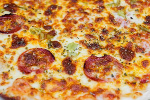 Close-up of pizza topped with salami, cheese and oregano