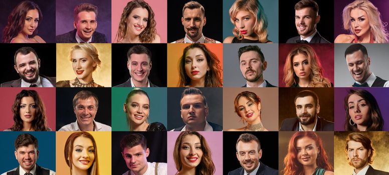 Collage of women and men faces expressing different facial emotions, smiling, unsmiling. Posing against colorful studio backgrounds