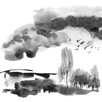 Ink painting of landscape with trees and flock of flying birds in the sky. Oriental traditional painting in style sumi-e.