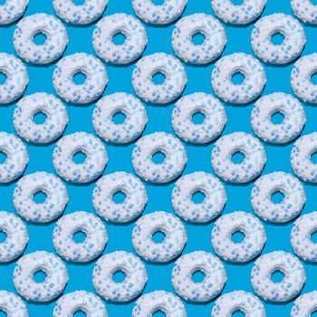 seamless donut pattern with a shadow on a blue background. High quality photo