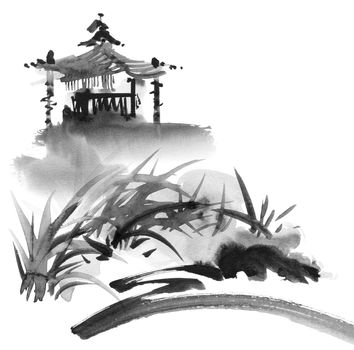 Ink painting of landscape with pagoda and some greenery. Oriental traditional painting in style sumi-e.