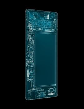 Hologram of Smart phone with chips and mother board. Technology Concept. Interface element. 3d illustration