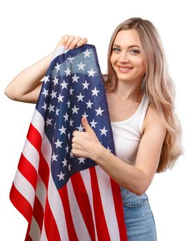 Portrait of a young smiling woman holding USA flag isolated on white background