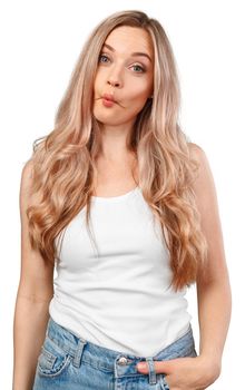 Silly young woman making fish face isolated on white background, close up