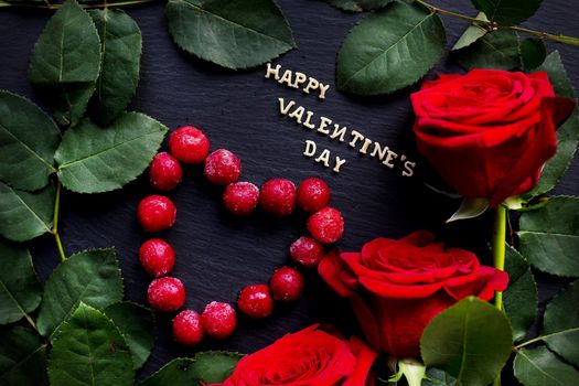 inscription Closeup of Valentine's day, cherry heart-shaped, red roses, rings