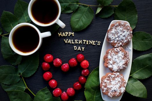 inscription Closeup of Valentine's day, cherry, muffins, coffee