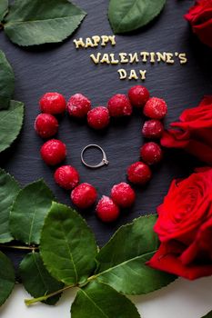 Happy Valentine inscription, cherries in a heart with red roses, rings