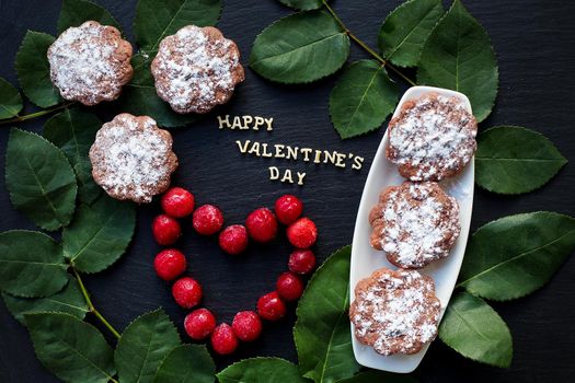 Still Life inscription Happy Valentine, cherry, muffins, coffee closeup