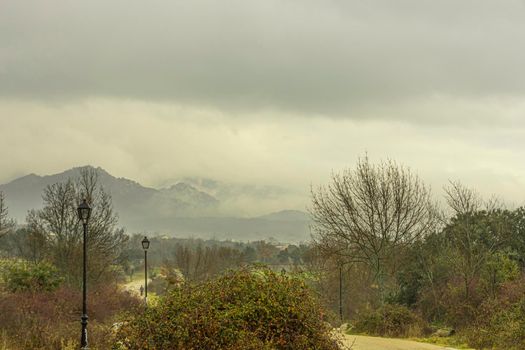 Afternoon with clouds and a lot of fog in the Sierra de Guadarrama on a rural road between the towns of Cerceda and El Boalo. Madrid. Spain.