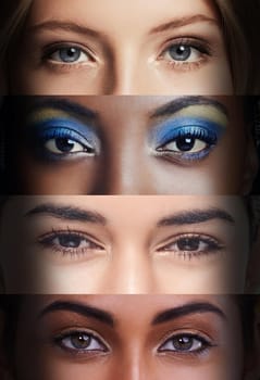 Cropped view of four women's eyes from different countries