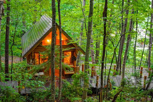 Image of Lodge standing in the forest. Shooting Location: Hokkaido Furano