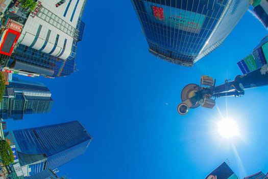 Shibuya townscape and blue sky. Shooting Location: Tokyo metropolitan area