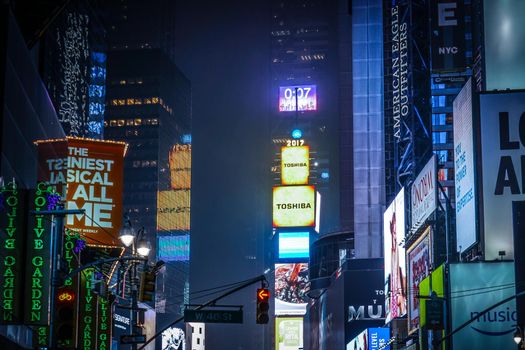 Night view of New York Times Square (TIMESSQUARE). Shooting Location: New York, Manhattan