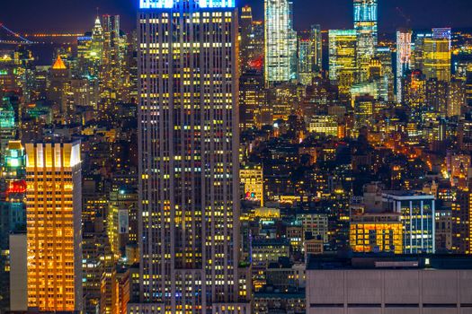 Night view of downtown seen from top of the rock (Rockfeller Center Observatory). Shooting Location: New York, Manhattan
