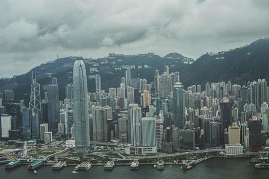 Hong Kong cityscape seen from SKY100 observation deck. Shooting Location: Hong Kong Special Administrative Region