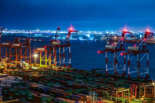 Night view of the container terminal of Tokyo Odaiba. Shooting Location: Tokyo metropolitan area