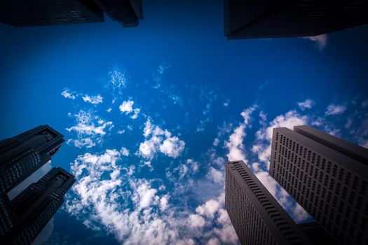 Shinjukus skyscrapers and blue sky. Shooting Location: Tokyo metropolitan area