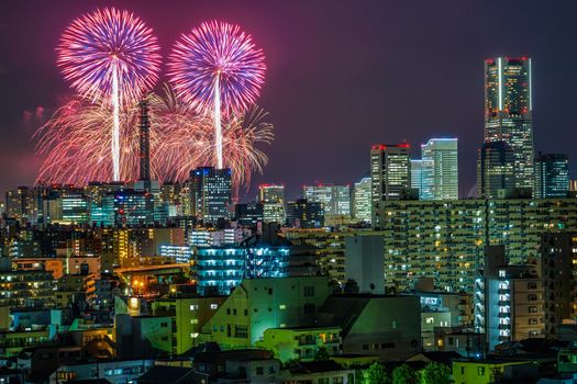 Yokohama cityscape and fireworks (Minato Mirai Smart Festival). Shooting Location: Yokohama-city kanagawa prefecture