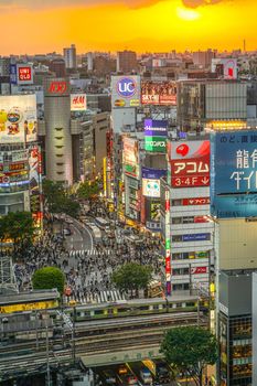 Shibuya scramble intersection seen from Shibuya Hikarie. Shooting Location: Tokyo metropolitan area
