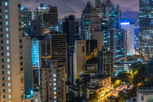 Night view of skyscrapers in Hong Kong Special Administrative District. Shooting Location: Hong Kong Special Administrative Region