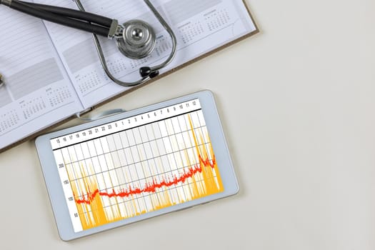 Cardiogram heart on digital table with stethoscope the doctor workplace office