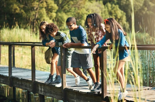 Shot of a group of teenagers standing on a bridge in nature at summer camp
