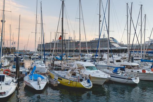 Funchal, Madeira, Portugal - December 31, 2021: View of Funchal marina where people gather in the evening to watch the new year fireworks