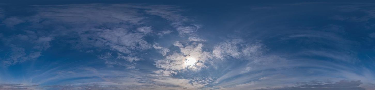 Sky panorama on sunrise with Cirrus clouds in Seamless spherical equirectangular format as full zenith for use in 3D graphics, game and in aerial drone 360 degree panoramas for sky replacement