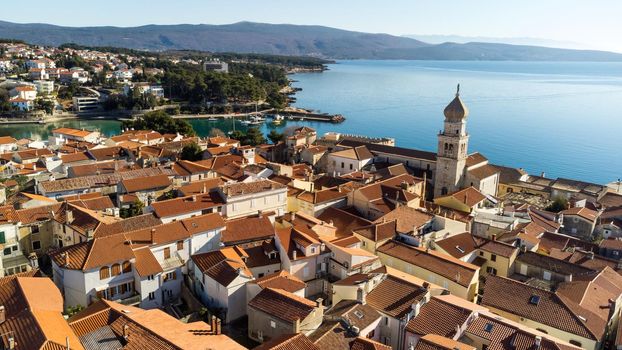 Aerial view of historic Adriatic town of Krk , Island of Krk, Kvarner bay of Adriatic sea, Croatia, Europe.