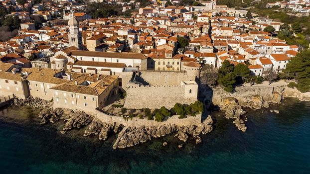 Aerial view of historic Adriatic town of Krk , Island of Krk, Kvarner bay of Adriatic sea, Croatia, Europe.