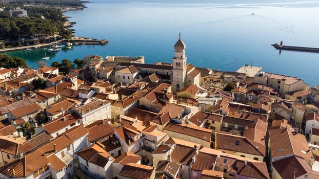 Aerial view of historic Adriatic town of Krk , Island of Krk, Kvarner bay of Adriatic sea, Croatia, Europe.